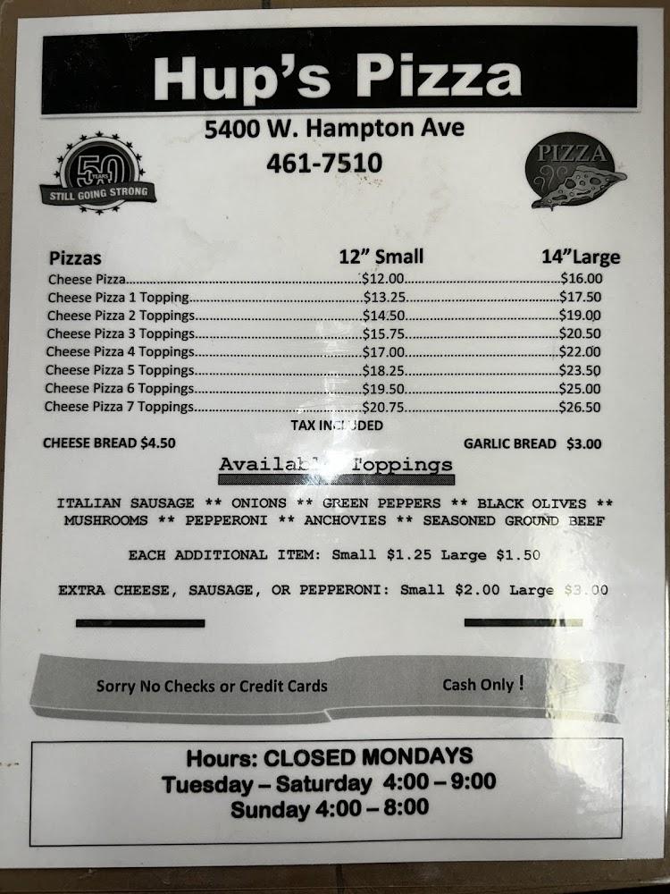 Hup's Pizza Menu image 1